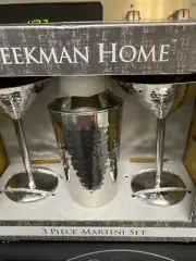 Beekman Home Martini Set 2 Silver Hammered Glasses & Silver Color Shaker