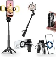 CloudValley Magnetic Mini Selfie Stick Tripod with 2 Fill Lights, 3-in-1 Pocket Size Phone Tripod with 360° Rotation, Detachable Bluetooth Remote, Foldable Grip for iPhone Android Vlog Photo Video