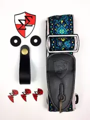 Guitar Strap Bundle - Real Leather Vintage Woven - Blue - Picks, Locks, Button