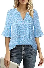 [Bodhi talk] Women's Blouse Elegant Floral Chiffon Shirts Summer Work Tops Business Casual Office Party Tunic Shirt, Blue Floral, L
