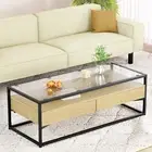 Coffee Table 2 Drawers Glass Tabletop Pine Modern Living Room Furniture -WDBK
