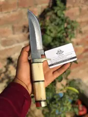 11" Handmade Damascus Bowie Knife|Bone Handle with Bronze Guard – Ladder Pattern
