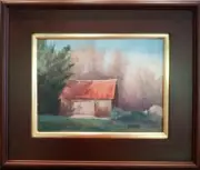 AFTERNOON SUN (9x12) barn oil painting on Linen Panel 15.5x18.5 framed, signed