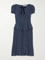 [Alessandra Rich] Alessandra Rich - Bow-detailed Ruffled Polka-dot Silk Midi Dress - Navy - IT40 IT 40 Blue