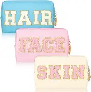 3 Pcs Patch Waterproof Toiletry Bag Preppy Makeup Bag Chenille Letters Preppy Bag Cosmetic Bag for Purse Portable Preppy Patch Bag Storage Pouch for Women, Beige, Light Blue, Pink, PU Leather