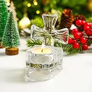 [kanpura] Clear Glass Cross Candle Holder 4" High Christian Tea Light Holder Cross Crystal Votive Candle Holders for Religious Gift in Box(Single)