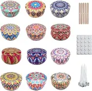 SHGarden 112pcs Candle Making Kit 12pcs 2.2oz Empty Candle Jars with 100pcs Candle Making Parts Multicolor Metal Candle Tins Vintage Metal Containers with Lids Wick Holders for DIY and Storage SH0084