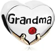 [NARTGO] Heart Love Grandma Charm with Red Crystal Compatible With Pandora Charms Bracelets, Metal, No Gemstone