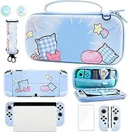 GLDRAM Cute Bear Switch OLED Case Bundle, Blue Cortoon Accessories Kit with Portable Carrying Travel Storage Bag Hardshell Protective Skin Cover, Sreen Protector, Strap, Thumb Caps for Boys Kids Girls