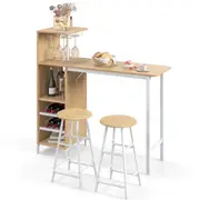 Costway 120cm Bar Table Stool Set 3pcs Counter Height Dining Table Set w/Glass Holders & Wine Rack Natural