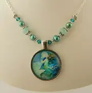 Mermaid Glass Cabochon Pendant necklace beaded with Swarovski crystal beads