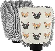 Wash Mitt Car Washing French Bulldog Cartoon Dog Car Detailing Supplies Scrub Pad Soft Scratch Free Microfiber Chenille Absorbent, Large x 2 Pack