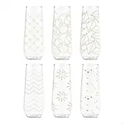 TOSSWARE POP 9oz Flute Festive Cheers Series, Set of 6, Premium Quality, Recyclable, Unbreakable & Crystal Clear Plastic Printed Champagne Glasses