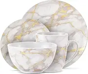 Safdie & Co. - Gold Marble Plates and Bowls Sets, Modern Kitchen 16-Piece Dinnerware Sets, Indoor and Outdoor Plates, with Mugs, Dishwasher Safe
