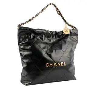 【CHANEL 香奈兒】新款22 Bag 金字菱格紋亮面小牛皮小款肩背包(黑色)/ 平行輸入