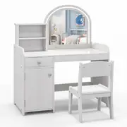 Giantex 2-Color LED Kids Vanity Table Stool Set Acrylic Mirror Pretend Play Dressing Table w/Shelf & Drawer