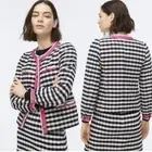 J Crew Grosgrain Trim Jacket Gingham Tweed AJ953 Size 4 Navy Blue Pink