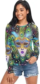 [RPLIFE] Blue Green Masks Feathers Long Sleeve Mesh Tops for Women, Sheer Blouses for Women Sexy S-XXL