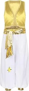 [Lejafay] Kids Boys Arabian Prince Uniform Street Rat Outfit Golden Lace Suit Vest with Harem Pants Set