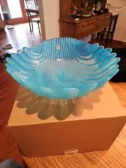 BRAND NEW RARE 12" Large Fenton Bowl Turquoise Shell Heavy Footed Glass A-229
