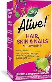 Nature's Way Alive!® Hair, Skin & Nails Multivitamin with Biotin (5,000mcg per serving and Collagen (75mg per serving), Fruit & Veggie Blend (50mg per serving), 60 Softgels