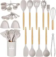 24 Pcs Cooking Utensils Set, 446°F Heat Resistant Non-Stick Silicone Kitchen Utensil Set With Wooden Handles and Holder, Gadgets for Cookware, Accessories, Khaki