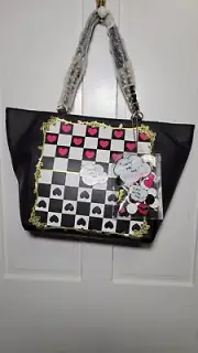 Betsey Johnson Kitsch Tote Check Me Out Hearts Checker Board Travel Bag New!