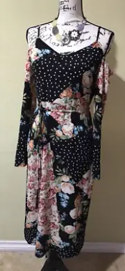 NWT Topshop Patchwork Floral Polka Dot Cold Shoulder Dress Sz 6 Black Pink D7
