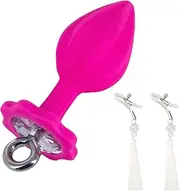 Wearable Luxury Base Butt Plug Pull Ring Silicone Butt Plug with Adjustable Nipple Clamps Waterproof Anal Sex Toy for Women