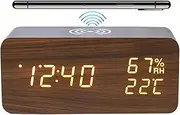 Lancoon Digital Alarm Clock with LED Wireless Charging Temperature and Humidity Display 3 Alarms Adjustable Brightness Sound Control for Bedroom Home Office (Brown)
