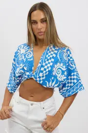 Blue Abstract Tie Up Bolero Short Sleeve - Size 16XL, Women's Bolero