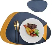 Huspox Double Side Leather Placemats and Coaster Sets - Washable Non Slip Table Mats Hot Resistant for Dining Table (Navy-Yellow, 6 Placemats + 6 Coasters)