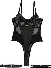 [Generic] Women Lace Lingerie Bodysuit One Piece Mesh Babydoll Teddy Underwire Hollow Out V Neck Underwear Bodysuits