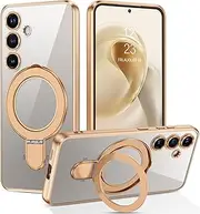 GaoBao Magnetic for Samsung Galaxy S25 Case, [Compatible with MagSafe][Full Camera Protection], Clear Back Phone Case with Invisible Ring Kickstand for Samsung Galaxy S25 6.2", Desert Titanium Gold