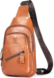 BULLCAPTAIN Leather Sling Bag for Men with USB Charging Port Chest Bag Shoulder Bag Crossbody Daypack Hiking Travel Backpack