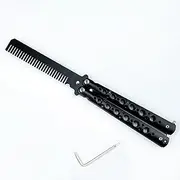 Butterfly Knife, Metal Practice Butterfly Comb Style, Trainer Martial Arts Practice Swords Steel Metal Folding Balisong Training Knife Tool Unsharpened for Men Boys Kids CSGO (Black)