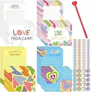 Motipuns 61 Pcs Camp Hearts Stationery Set Include 20 Note sheets with Lines 20 Envelopes 20 Stickers and a Pen for Birthdays Parties Camp Holidays Double Sided Printing