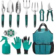 Garden Tool Set, 11 Piece Aluminum Alloy Hand Tool Starter Kit with Garden Bag, Outdoor Tool, Heavy Duty Gardening Work Set with Ergonomic Handle, Gardening Tools