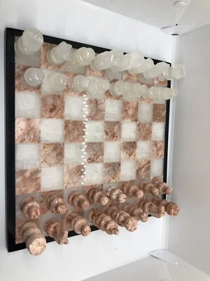 Marble/onix Chess Set Hand-Carved Figures White & Salmo Game board Holiday Gift