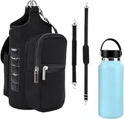 Water Bottle Bag, Magnetic Water Bottle Carrier Bag, 25 32 40 Oz Water Bottle Holder with Strap and Pocket, Insulation Water Bottle Sleeve for Hiking Camping Gym, Black, Refer to
