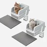 SIMTWO 2 Pack Stainless Steel Cat Litter Box with Lid XXL 61cm x 41cm x 30cm, Extra Large Cat Litter Box for Big Kitty Semi-Enclosed with Cat Litter Mat & Scoop