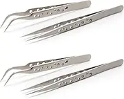 4 Pieces Tweezers Set for Crafting, Modelling, Jewelry, Electronics and Laboratory Work - Straight Tip and Curved Fine Tip
