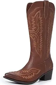 [Athlefit] Cowboy Boots for Women Western Cowgirl Square Toe boots Embroidery Chunky Heel Mid-Calf Boots