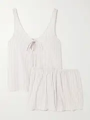 [Deiji Studios] Deiji Studios - U Shape Tie-detailed Striped Organic Cotton Pajama Set - White - large large White