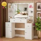 White Dressing Table with Makeup Mirror and Dimmable LED Strip Vanity Desk
