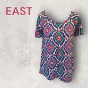 East Womens Multi Coloured Short-Sleeved Stretchy Cotton Top, Size XS UK 6