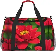 [GaxfjRu] Red Beautiful Flower Print Travel Bag Weekender Bag Gym Bag Overnight Bags Travel Essentials for Women Men Shoulder Bag, Black, One Size