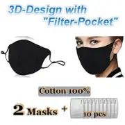 100%Cotton Face Mask(2pc) with PM2.5 Filters Washable Reusable Same-day Shipping