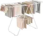 SONGMICS Clothes Drying Rack, with Sock Clips, Metal Laundry Rack, Foldable, Space-Saving, Free-Standing Airer, with Height-Adjustable Gullwings, Indoor Outdoor Use, White and Pink ULLR052P01