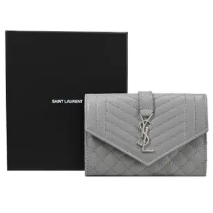 【YSL】金屬字母LOGO菱格縫線牛皮信用卡零錢包簡易短夾(淺灰)